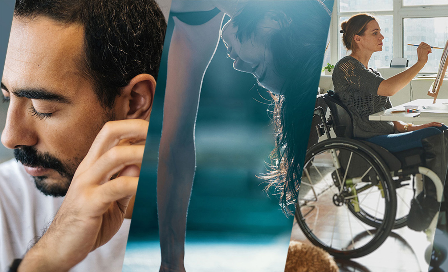 Tre immagini unite che presentano una persona con gli occhi chiusi, una persona che esegue una verticale e una persona su sedia a rotelle che dipinge su tela.