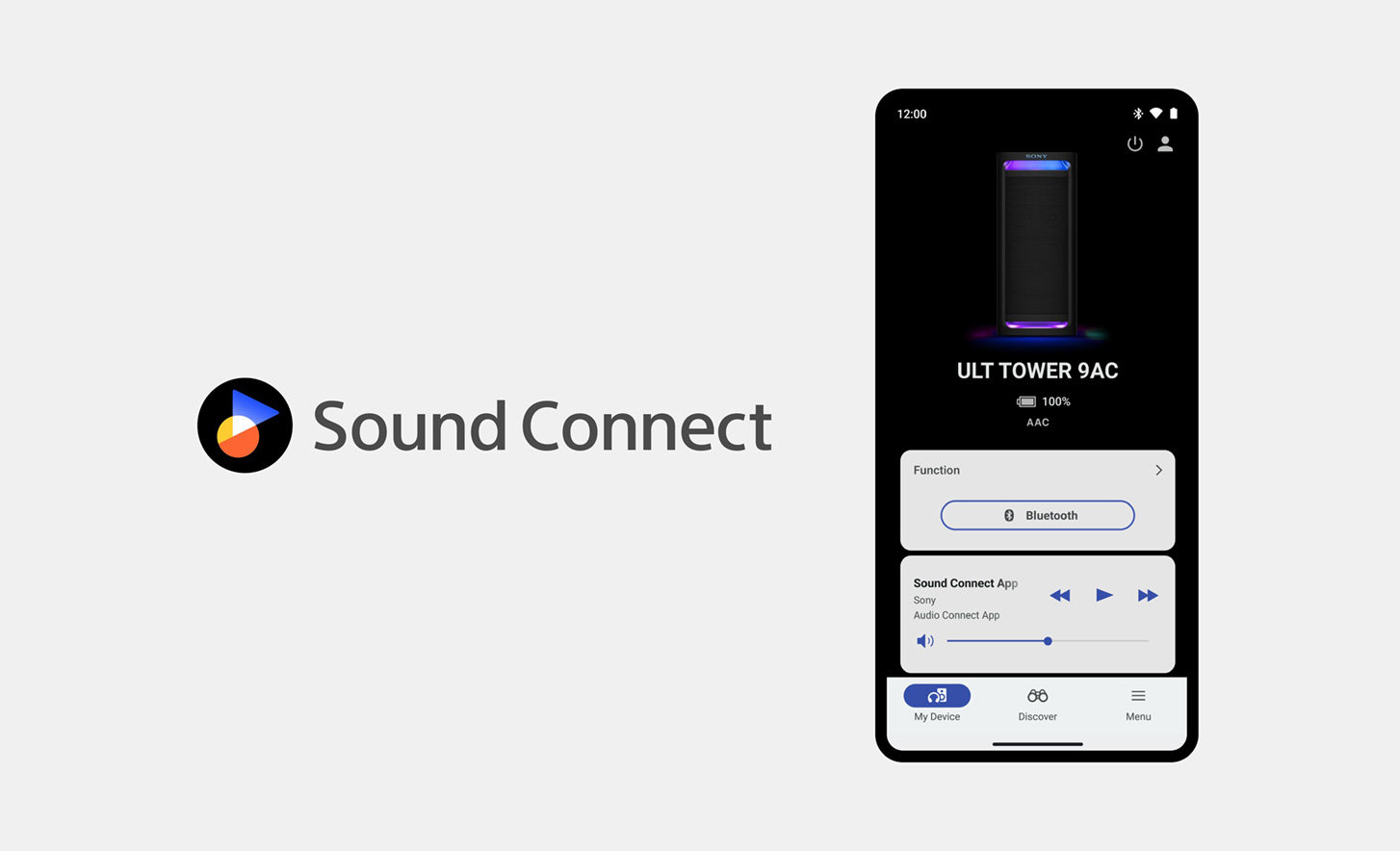 Logo Sound Connect accanto a un'immagine di un telefono cellulare con l'app Sony Connect aperta e in uso sullo schermo