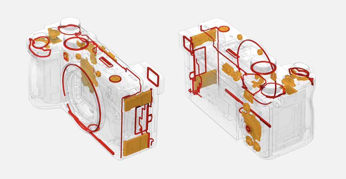 Illustrazione che mostra le posizioni delle guarnizioni per la resistenza a polvere e umidità