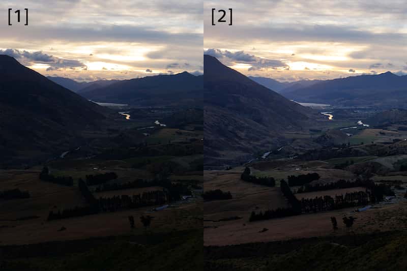 Immagine di esempio di un paesaggio, che confronta l'immagine RAW originale con il formato RAW HDR composito.