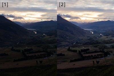 Immagine di esempio di un paesaggio, che confronta l'immagine RAW originale con il formato RAW HDR composito.