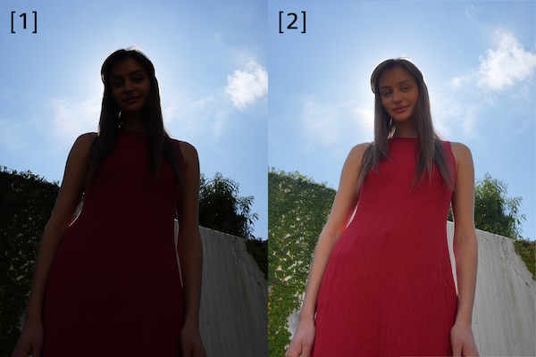 Immagini di esempio di una donna, che confrontano l'ottimizzatore D-Range, disattivato nell'immagine a sinistra e a Lv.8 nell'immagine a destra, mostrando prestazioni visive notevolmente migliorate.